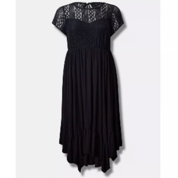Torrid 1X Deep Black Midi Rayon Slub Lace Trim Dress with Pockets - Picture 10 of 12